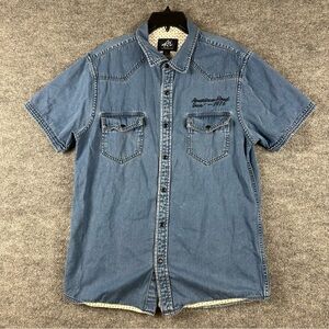 Western Denim Snap Shirt Americana Embroidered Road Tour 1976 Large